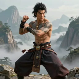 beautiful fantasy character portrait, male martial artist, young man, fit, tatooed, dressed in fluent oriental pants, jeweled, mountain background, hyper realistic, highly detailed by peter mohrbacher, wayne barlowe, boris vallejo, paolo eleuteri serpieri