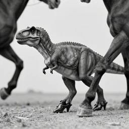 [ [ t rex ] ] and a horse with leg [ [ high ] ] heels, walk, movement, soft, black and white, photograph, 1 8 5 0 s