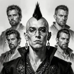 low angle shot of a half demon man wearing glasses with a mohawk in the style of mad max characters, wearing traditional earrings, black and white, by Clive Barker , intricate, elegant, highly detailed, centered, digital painting, artstation, concept art, smooth, sharp focus, illustration, artgerm, Tomasz Alen Kopera, Peter Mohrbacher donato giancola, Joseph Christian Leyendecker, WLOP, Boris Vallejo.