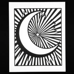 black and white op art print of a crescent moon