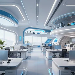 futuristic office space, fin - tech company in the future, high detail, 3 d - render,
