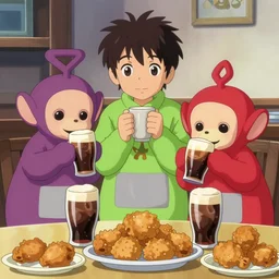 the ginyu force and teletubbies drinking guinness and eating fried chicken by makoto shinkai