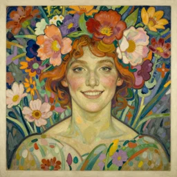 an art nouveau mucha poster style head and shoulders portrait oil painting of a happy alicia vikander! with a flower crown, surrounded by an explosion of wild flowers, by gustav klimt!, edward hopper, by wayne barlowe, by james gilleard, by james jean