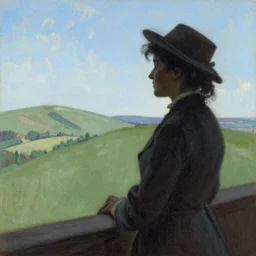 “woman in profile, shadowy overlooking a hill Victorian era, side profile, sketch, painting, green hills blue sky, ”