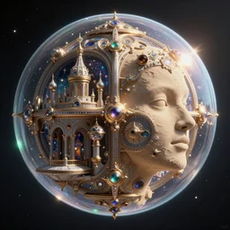 space ship, half soap bubble mind, half symetrical highly detailed ornate with jewels and precious metals futuristic, half sandman kingdom, half kingdom of dreams, space ships, hiperrealistc, global illumination, radiant light, art by tony sart, gregory manchess