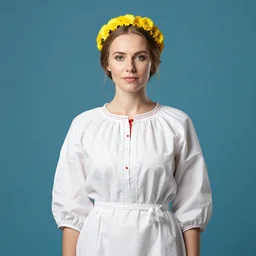 a portrait of beautiful nordic woman wearing a white folkdrakt dress. wearing headband of small yellow flowers. teal blue background