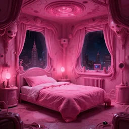 cyberunk creeepy horror empty pink futuristic bedroom in the night, beautiful, intricate complexity, ilya kuvshinov, cell shaded, 4 k, concept art, by wlop, ilya kuvshinov, greg rutkowski