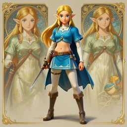 zelda, full body photo, highly detailed, digital painting, artstation, concept art, smooth, sharp focus, illustration, art by artgerm and greg rutkowski and alphonse mucha