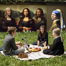 a picnic, dmitry spiros, leonardo da vinci, jacques - louis david, johannes vermeer, 8 k, wide angle, trending on artstation,