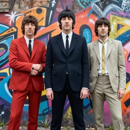 the beatles dressed up ln sargent peppers outfits, high level of detail in the style of missvan graffiti
