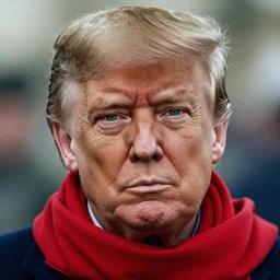 portrait of donald trump as afghan man, green eyes and red scarf looking intently, photograph by steve mccurry