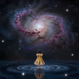 the sky is a starry sky, gorgeous nebula is born, big scene, below is a very small girl standing in a star - like water, the girl is wearing a gorgeous dress, golden, gorgeous, shocking, like the universe ， trending on john atkinson grimshaw