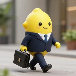 photo of a lemon character, with a business suit on, alking to work with a briefcase, 24 mm lens