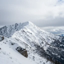 franconia ridge, a mountain covered in snow and rocks under a cloudy sky, a tilt shift photo by david budd, trending on unsplash, hudson river school, high dynamic range, photo taken with ektachrome, rim light