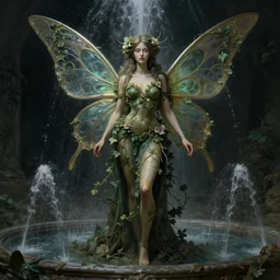 beautiful full body portrait of the great fairy fountain, her body wrapped with ivy vines and flowers, dark fantasy esoteric, d & d, fantasy, cinematic lighting, intricate, elegant, highly detailed, digital painting, artstation, concept art, matte, sharp focus, illustration, art by artgerm and tom bagshaw and greg rutkowski and alphonse mucha