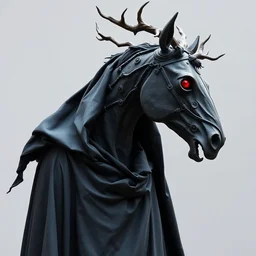 an ominous haunting horse mask with many red eyes and twisting antlers figure wearing a black robe, ( ( ( head turned to the right ) ) ), full figure, statue