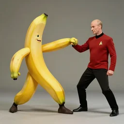 anthropomorphic banana monster, Punching Star Trek Officer in Red, still from Star Trek the next generation, hyperrealistic, in the style of saldavor dali