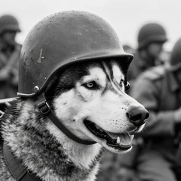 close up of a husky wearing soldier helmet in the battle, ww 2 historical photography, black & white