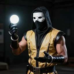 kodachrome photo, homeless sub zero from mortal kombat in a mask doing magic tricks with ice, flashing, by bruce gilden, on a parking lot, overexposed, harsh flash, grainy, kodachrome, magnum photos