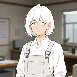 portrait of an engineer girl with short white hair, wearing overalls, medium shot, portrait, concept art, vector line art, natural lighting, illustration, highly detailed, artstation,