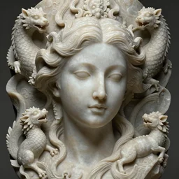 a sculpture of mythical creatures by geenss archenti flores, elegant and beautiful female face, carved in stone, intricate, elegant, highly detailed, digital painting by audrey kawasaki, artstation, concept art, ambient occlusion, vray render,
