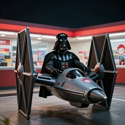 Darth Vader having a undulating wildly about his custom order being wrong at Wendy's drive-through, sitting in his TIE FIGHTER.