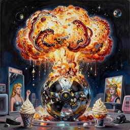 a photorealistic highly detailed painting of a y 2 k 1 9 8 0's ice cream nuclear bomb explosion hall of mirrors by johfra bosschart, lisa frank, kinkade, visionary art, dark fantasy art, high detail, trending on artstation