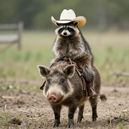 racoon with a cowboy hat rides a feral hog, photorealistic, DSLR, documentary photo