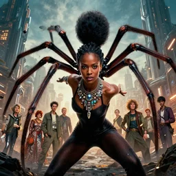 realistic detailed photorealistic closeup portrait movie shot of a beautiful black woman with a giant spider, sci fi city landscape background by denis villeneuve, amano, yves tanguy, alphonse mucha, ernst haeckel, david lynch, edward robert hughes, roger dean, cyber necklace, dynamic pose, rich moody colours, wide angle