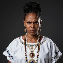 portrait of a brazilian candomble priestess, 3 0 yo with a white tunic and jewelery, angry look, dark background, studio light, hdr, nikon 2 4 mm f / 1. 8 g, by sebastiao salgado