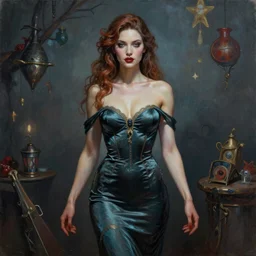 ultra realist soft painting of a single attractive cartomancer female sillicon skin tight long dress, curiosities carnival, partial symmetry accurate features, very intricate details, focus, curvy, artstyle Tom Bagshaw, award winning