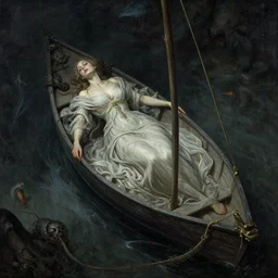 one woman one boat floating on the dead and damned, dark mythic fantasy, art by anders zorn, wonderful masterpiece by greg rutkowski, intricate, elegant, highly detailed, digital painting, artstation, concept art, smooth, sharp focus, illustration, eerie moody brooding beautiful cinematic, thomas lawrence, artgerm, mucha, greg rutkowski