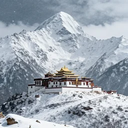 snowy peaks, himalayas, buddhist temple, stunning, extraordinary, blizzard, mystical, made in abyss style