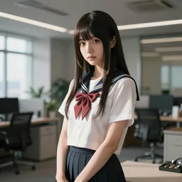 magical and mystical, illustrious makinami, school girl waiting on a modern office, octane render, rembrandt, cgsociety, artstation trending, highly detailded