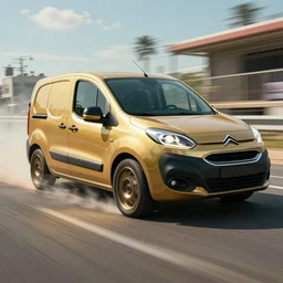 Golden Citroen Berlingo as a Mad Max Car. Cinematic. Hollywood. Action Movie. Screenshot. Speed. Fast. 24mm lens.