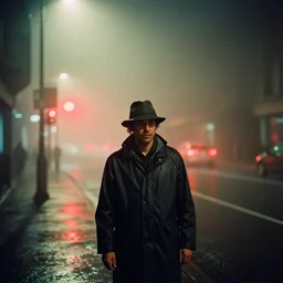 analog photograph of a man wearing a raincoat and a hat, alone in the street with thick fog at night by alex prager red lights. bokeh. cinematic. hq. detailed. contrast. cinestill 8 0 0 t