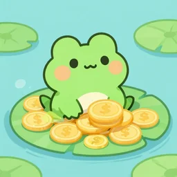 a cute green cartoon frog who is counting his giant heavy gold coins on his lily pad, the frog is not noticing he is sinking, gold coins on a lily pad, kawaii cartoon