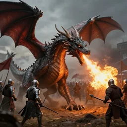 ancient dragon breathing fire onto medieval knights on the battlefield, high detail, high definition, photorealistic, 8k