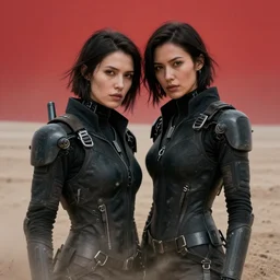 cinestill 5 0 d photographic portrait of two loving female androids wearing rugged black techwear on a desolate plain with a red sky, extreme closeup, cyberpunk style, leather garters, dust storm, 8 k, hd, high resolution, 3 5 mm, f / 3 2, ultra realistic faces, ex machina
