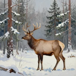monet style painting, winter forest, elk, spruce trees