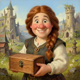 portrait | beautiful dwarven woman holding a wooden box, cheerful, beautiful painting, thick braided hair, large nose, hyperdetailed, intricate, thomas kinkade, jeff easley, anne stokes, artstation, in the dwarven city,