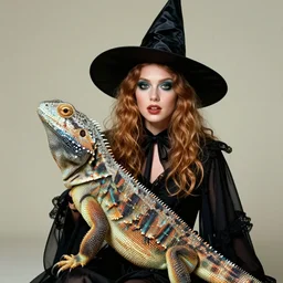 photograph of divine!!!!!!!!!!! ( ( ( ( ( ( with makeup ) ) ) ) ) ) a cute witch with a giant lizard pet, 1 9 9 0 s, taken by martin parr, saturated colour photo, high definition, 8 k
