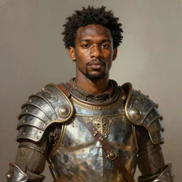 a professionally painted portrait of daddy Bailey, clothed in ancient battle armor, dark skin, dark hair, beautiful bone structure, symmetrical facial features, stunningly beautiful, intricate, elegant, digital painting, smooth, sharp focus, illustration, from Kehinde Wiley and Kara Walker