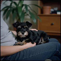 a small black dog, white face, lying down in owner ’ s lap, house plants and wood furniture in the background, in the 1 9 5 0 ’ s, indoors, dim light, photograph, 4 k, shot on iphone, for a catalogue, blurry background