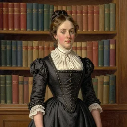 a character portrait of a lady, centered, year 1 8 0 0, illustration, standing in front of a book!!! shelf!!! with a lot of books, facing the camera, by andrew bosley and vincent dutrait