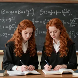 Two beautiful red haired brides studying mathematics together in a university class near a blackboard, fashion photography by Annie Leibovitz, hyperrealistic, highly detailed, depth of field, High definition, 8k,  octane render, artstation