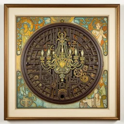 art nouveau steelpunk framed and bordered portrait of a manhole cover and a chandelier, by travis charest, moebius and mucha, intricate, ornate, circuitry, gears, painted, extremely hyperdetailed, art deco, masterpiece, sharp focus, realistic technical details
