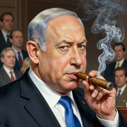a political caricature of bibi netanyahu smoking a cuban cigar, ultra realistic, highly detailed, masterpiece, by achille superbi, paddy boehm, tom richmond, alarcon caricaturista, drew struzan, gildhardho, soy fan de quino, epic character art,