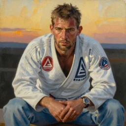 royler gracie by leroy neiman, intricate, ultra detailed painting, atmospheric lighting, golden hour