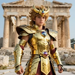 a radiant, extreme long shot, photo of a 2 7 - year - old caucasian male wearing the capricorn gold armor, from knights of the zodiac saint seiya, inside the old temple of athena greece, 4 k high resolution, detailed photo, photoshopped, award winning photo, deep depth of field, 3 5 mm, make all elements sharp, at golden hour, light academia aesthetic, socialist realism, by annie leibovitz